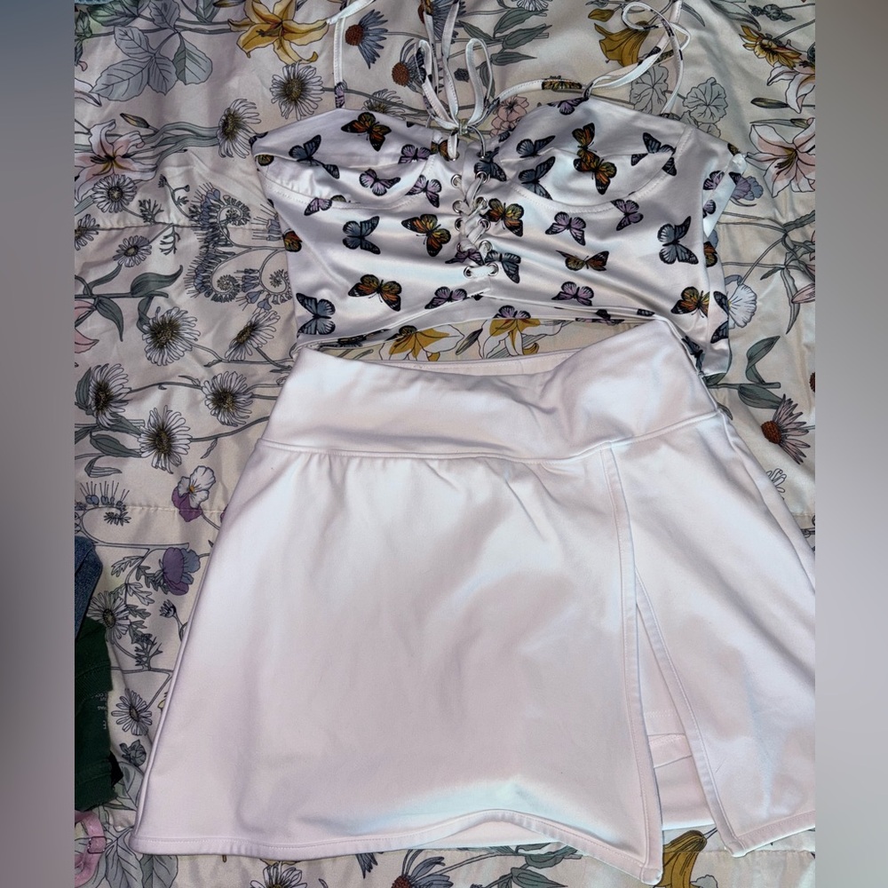 White skirt, Butterfly crop top